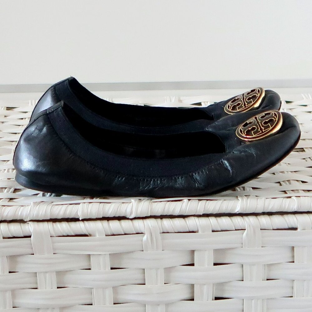 Tory Burch Black Leather Round Toe Ballet Flats Gold Logo Classic Designer Shoes - Picture 6 of 16